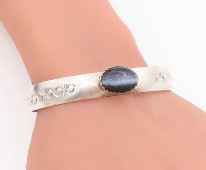 925 Sterling Silver Vintage Bracelet Oval Cabochon Cat Eye Etched Cuff  BT11635