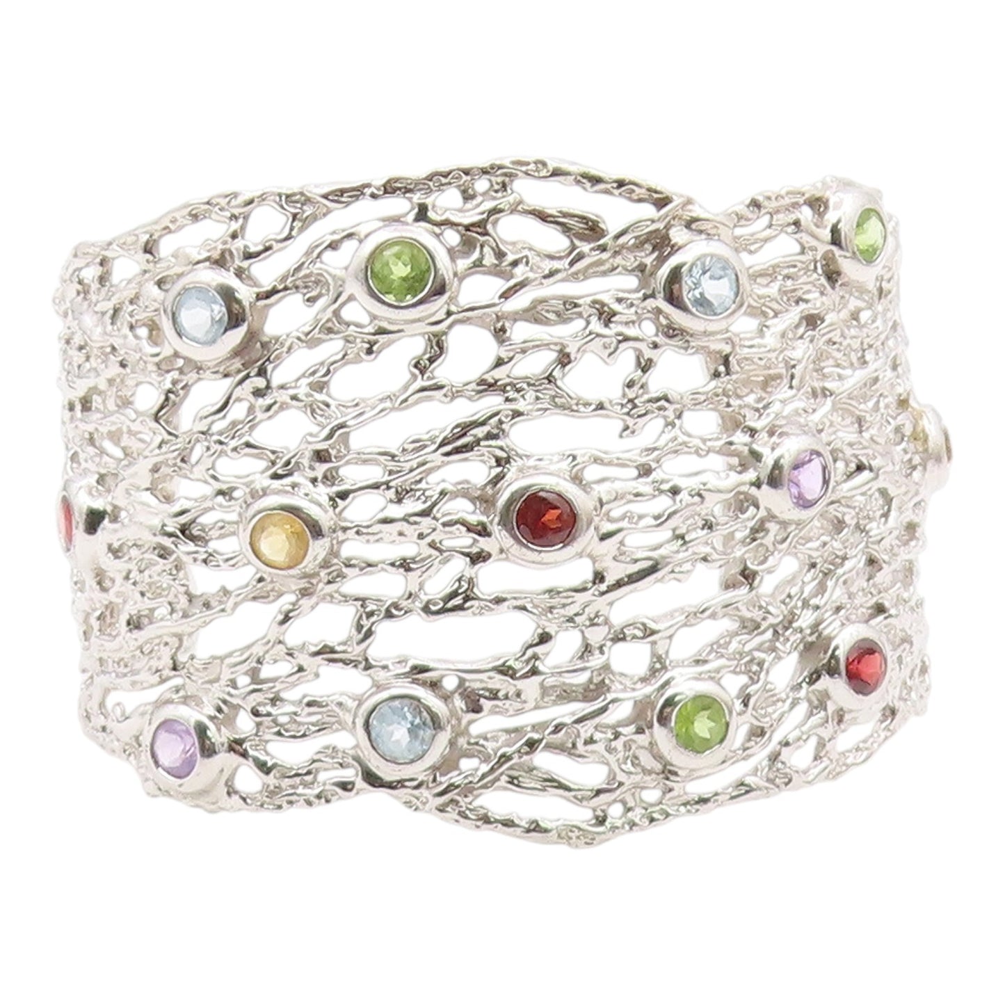 925 Silver Vintage Topaz Peridot & Multi Stone Sculpted Cuff Bracelet BT8996