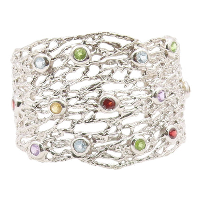 925 Silver Vintage Topaz Peridot & Multi Stone Sculpted Cuff Bracelet BT8996