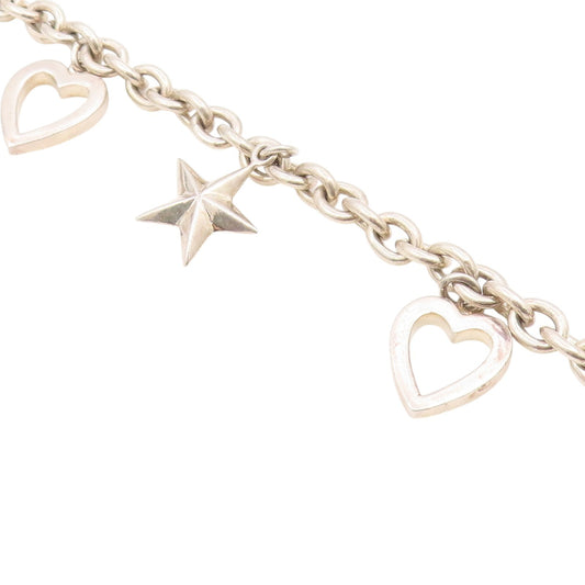 925 Sterling Silver  Vintage Shiny Love Heart & Stars Chain Bracelet  BT9070