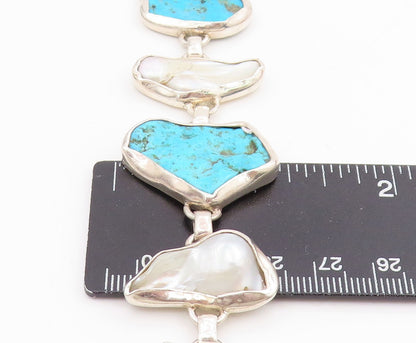925 Sterling Silver Vintage Bracelet Modernist Pearl & Turquoise Link  BT11637
