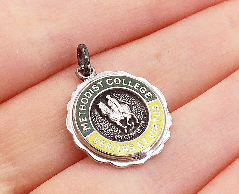 925 Sterling Silver  Vintage Enamel Methodist College Drop Pendant  PT3135