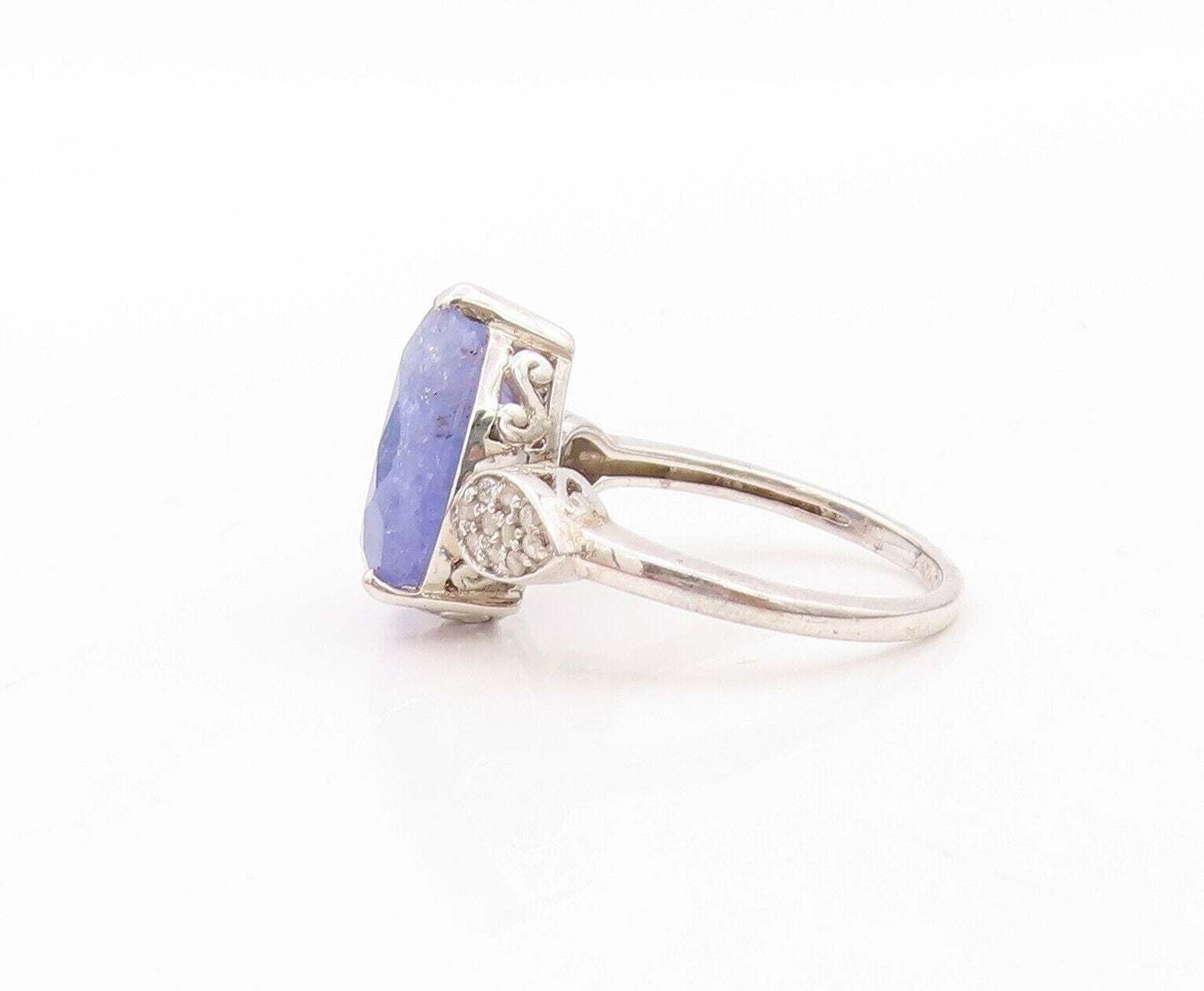 925 Sterling Silver Vintage Ring Diamonds Inlay Drop Cut Tanzanite Sz 8  RG30209