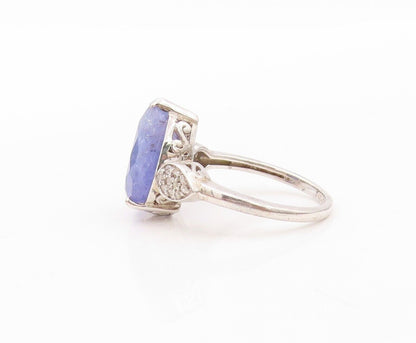 925 Sterling Silver Vintage Ring Diamonds Inlay Drop Cut Tanzanite Sz 8  RG30209