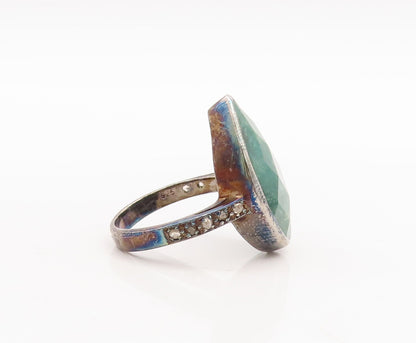 925 Sterling Silver Vintage Ring Drop Cut Gemstone Diamonds Inlay Sz 7  RG29173