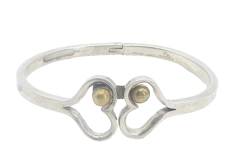 MEXICO 925 Sterling Silver  Vintage 2 Tone Love Hearts Bangle Bracelet  BT3387