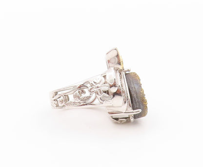 925 Sterling Silver Vintage Ring Drusy Quartz & CZ Eyed Owl  Sz 5.5  RG32621