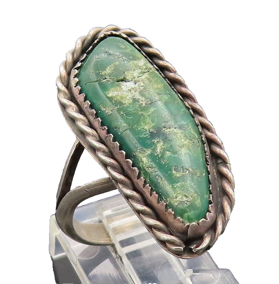 NAVAJO 925 Sterling Silver Vintage Green Turquoise Rope Ring Sz 7.75  RG26802