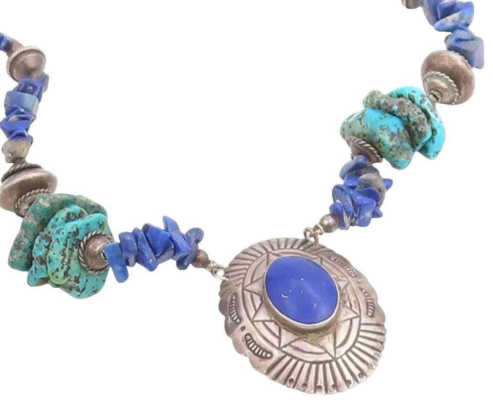 925 Sterling Silver Vintage Necklace SOUTHWESTERN Lapis Lazuli Bead Chain NE4786