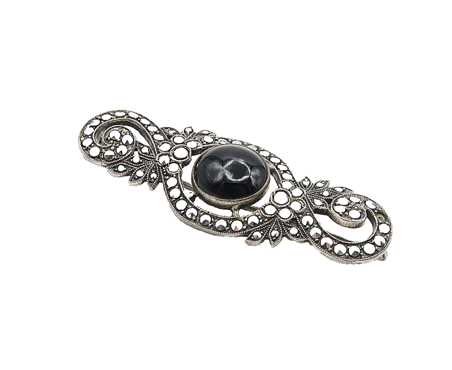 925 Sterling Silver  Vintage Cabochon Cut Black Onyx Shiny Brooch Pin  BP3434