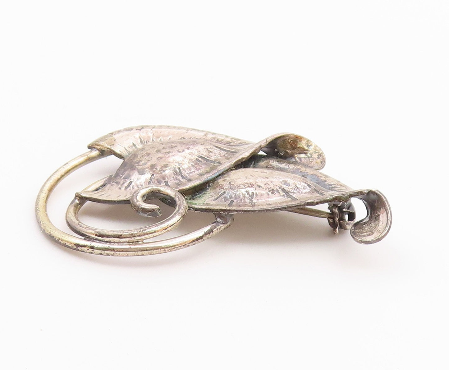 JEWEL ART 925 Silver  Vintage Shiny Floral Leaves Swirl Brooch Pin  BP6963
