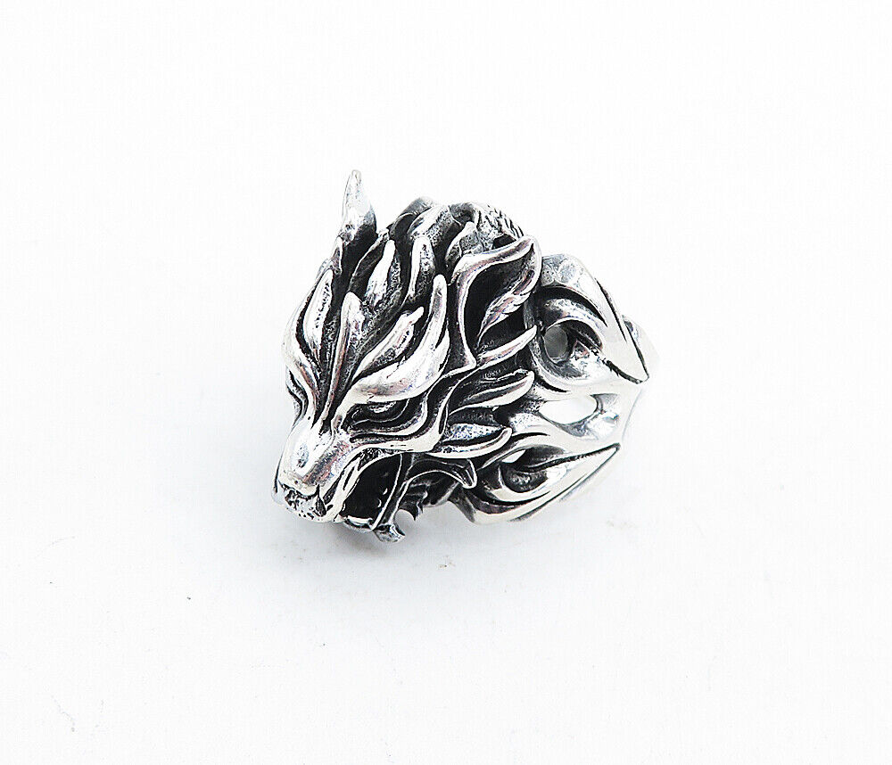 925 Sterling Silver  Vintage Sculpted Wolf's Head Band Ring Sz 12  RG5364