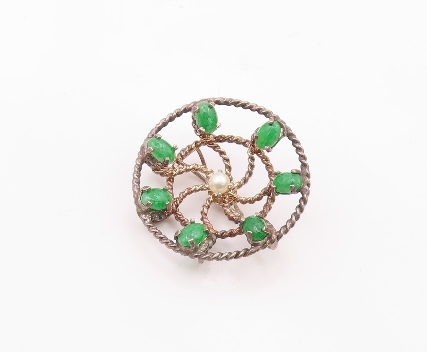 925 Sterling Silver  Vintage Emerald & Pearl Twist Wheel Pendant  PT10922