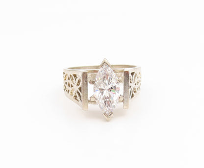 925 Sterling Silver Vintage Ring Marquise Cut CZ Floral Cutout  Sz 7  RG35131