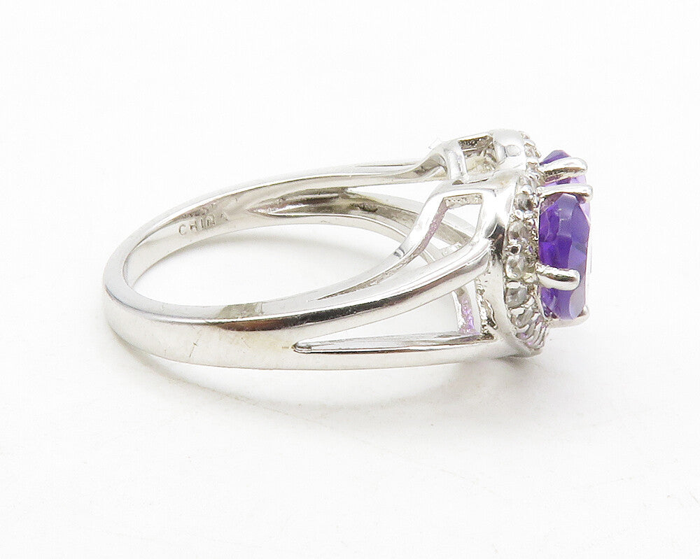 925 Sterling Silver  Amethyst Love Heart Split Cocktail Ring Sz 5.5  RG13470