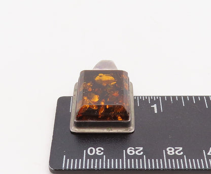 925 Sterling Silver Vintage Pendant Rectangle Cabochon Honey Amber  PT23551