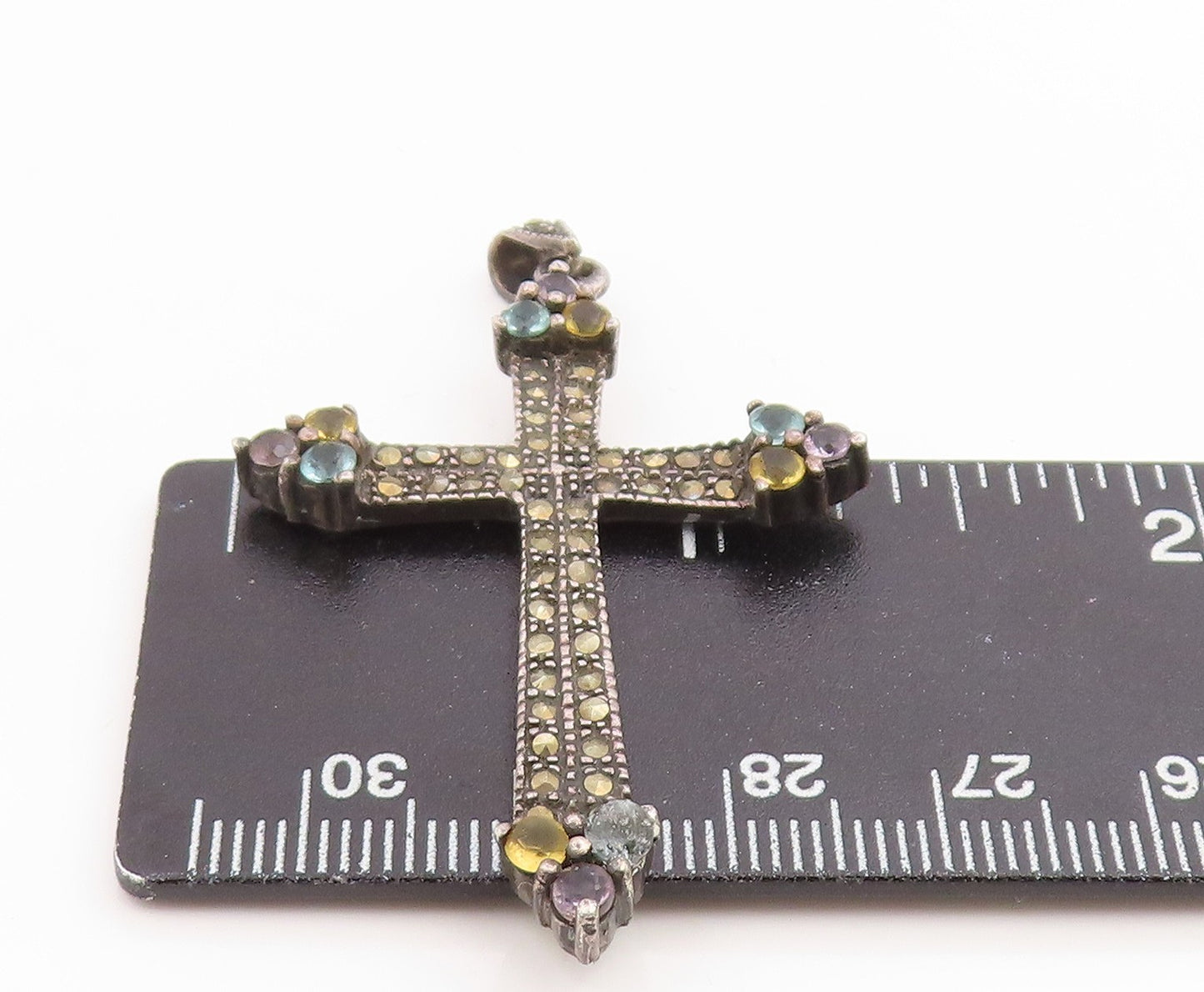 925 Sterling Silver Vintage Pendant Classic Multi Gemstone Holy Cross  PT26199