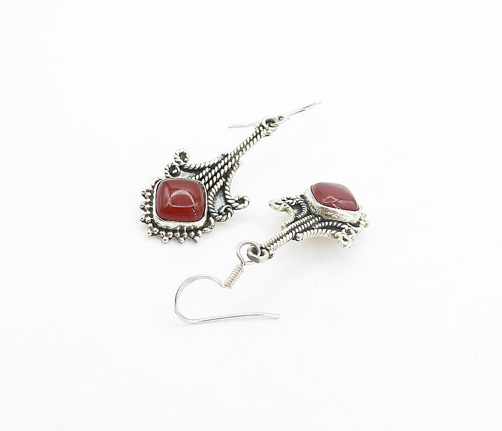925 Sterling Silver  Vintage Carnelian Rope Twist Detail Drop Earrings EG3220