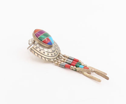 925 Sterling Silver Vintage Earrings NAVAJO Multi Gemstone Inlay Dangle  EG13816