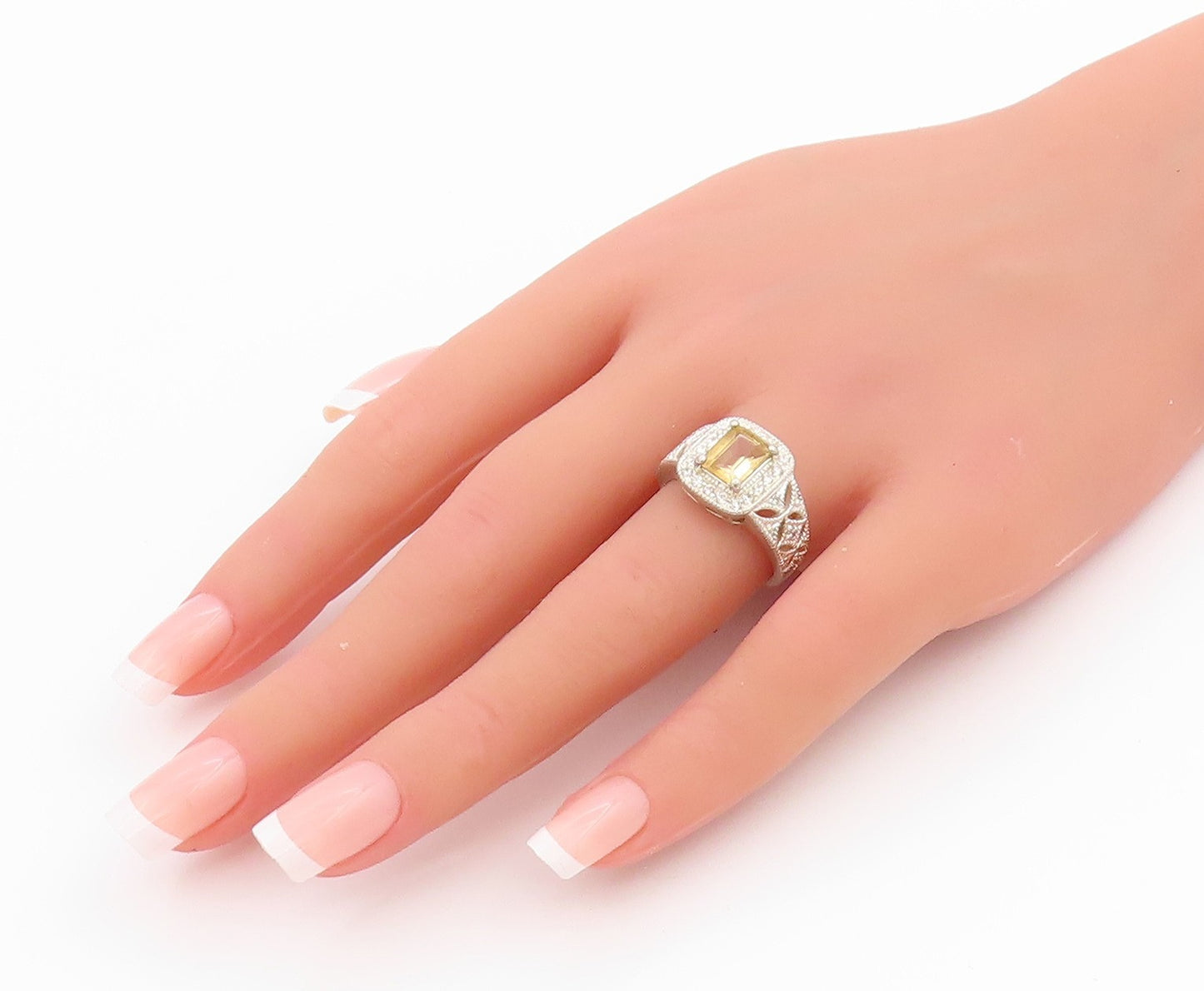 925 Sterling Silver Vintage Ring Rectangle Cut Citrine Halo CZ  Sz 7  RG33226