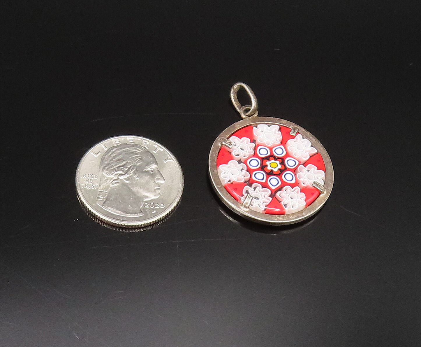925 Silver  Vintage Double Sided Round Floral Art Glass Pendant  PT21295