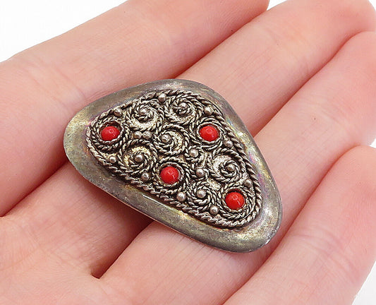 ISRAEL 925 Silver  Vintage Hand Made Coral Wire Twist Brooch Pin  BP1841