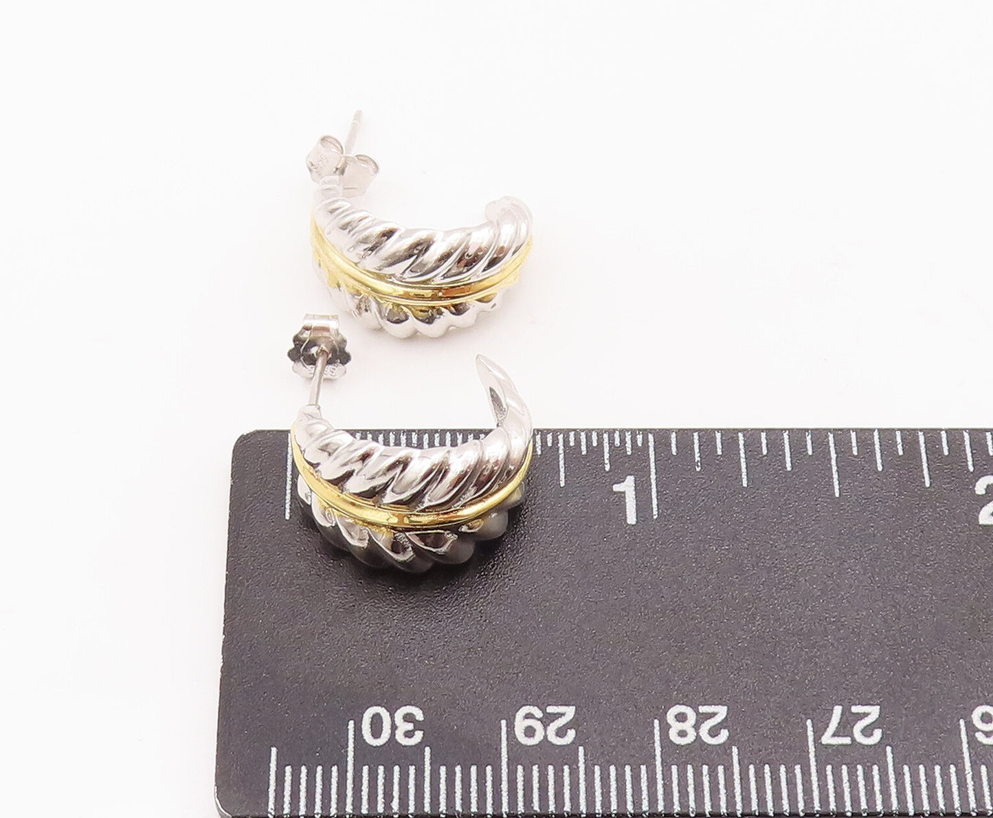 925 Sterling Silver Vintage Earrings Solid Carved Leaf Open Hoops  EG12994