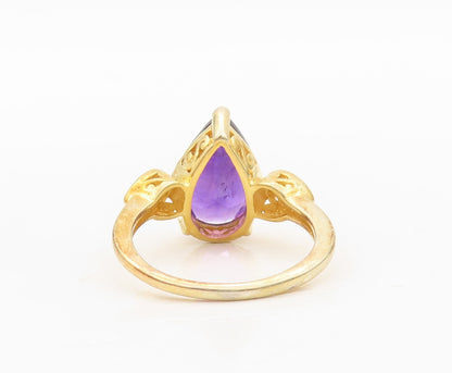 925 Sterling Silver Vintage Ring Gold Plated Drop Cut Amethyst & CZ Sz 8 RG30339