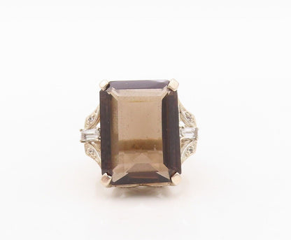 925 Sterling Silver Vintage Ring Rectangle Cut Smoky Quartz & CZ  Sz 7  RG29944