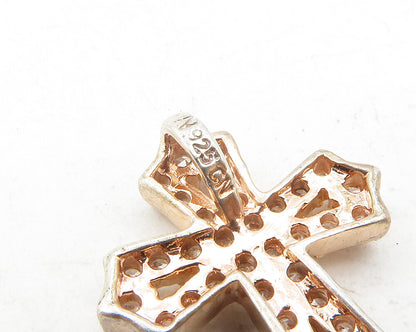 925 Sterling Silver  Topaz Rose Gold Plated Religious Cross Pendant  PT9676
