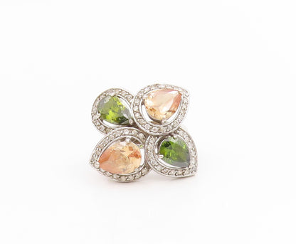 925 Sterling Silver Vintage Ring Pear Cut Gemstone Floral Band  Sz 7  RG34422