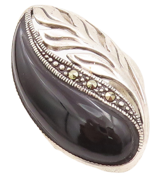 925 Sterling Silver Vintage Ring Modernist Designer Onyx Marcasite  Sz 6 RG28766