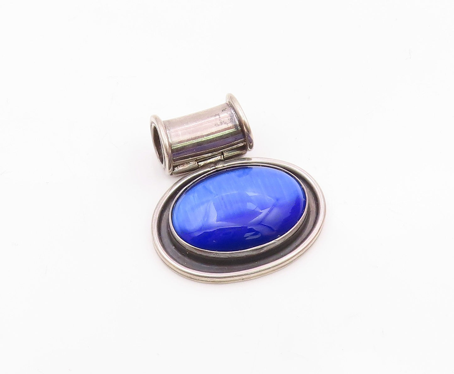 925 Sterling Silver  Vintage Blue Cat's Eye Stone Oval Slide Pendant  PT10311