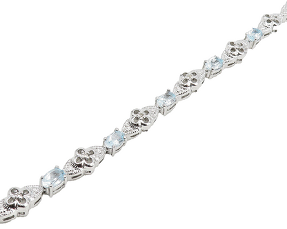 925 Sterling Silver  Genuine Diamond & Blue Topaz Floral Chain Bracelet BT7253
