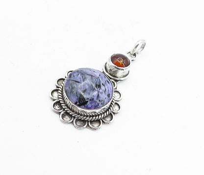 925 Sterling Silver  Vintage Charoite & Amber Floral Twist Pendant  PT3682