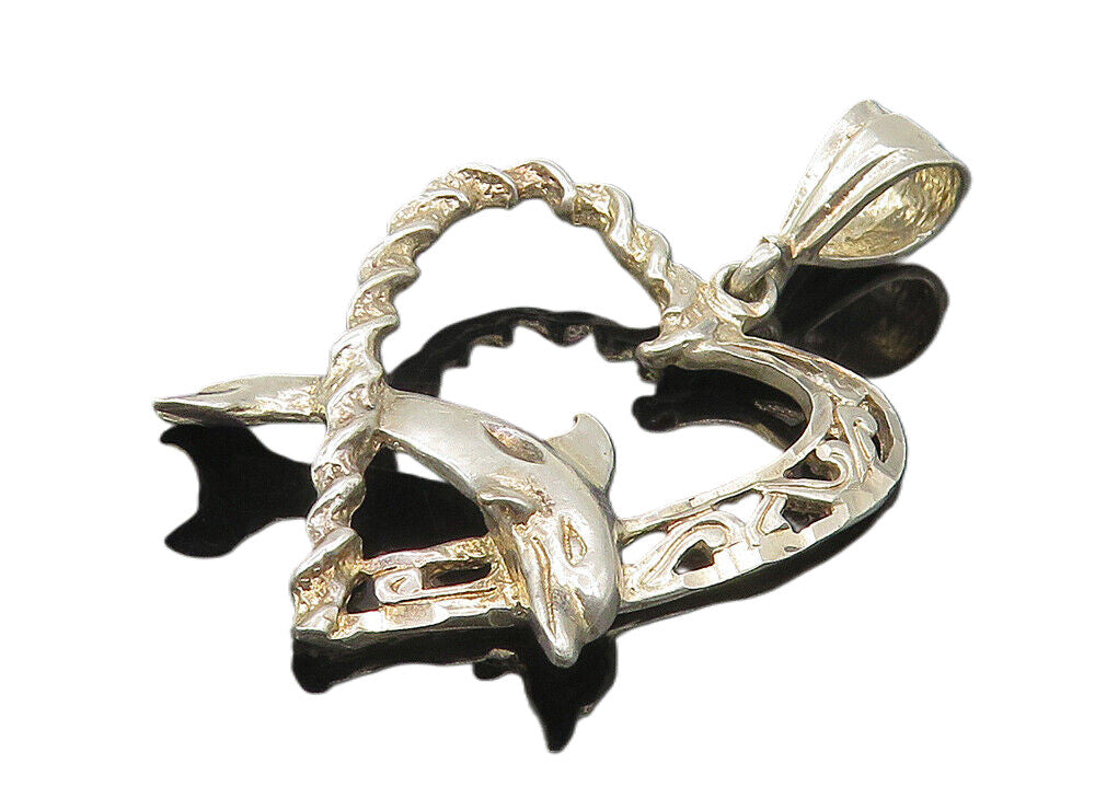 925 Sterling Silver  Vintage Leaping Dolphin Love Heart Twist Pendant  PT8787