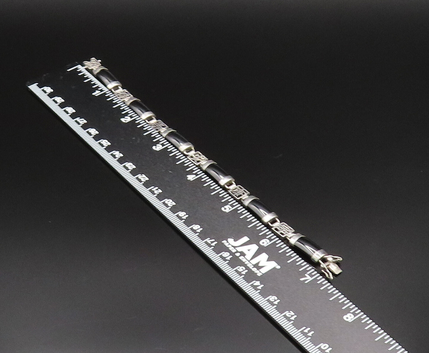 925 Sterling Silver Vintage Curved Black Onyx Bar & Characters Bracelet BT9508