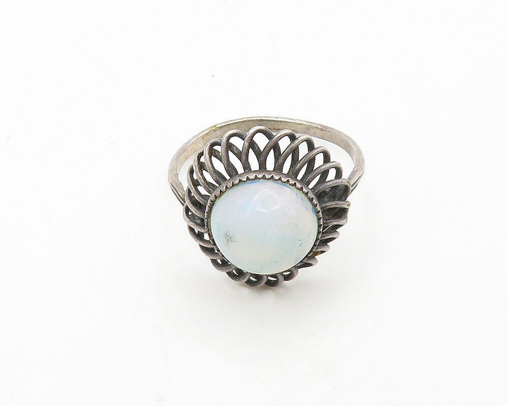 925 Sterling Silver  Vintage Milky Stone Floral Cocktail Ring Sz 12  RG17240