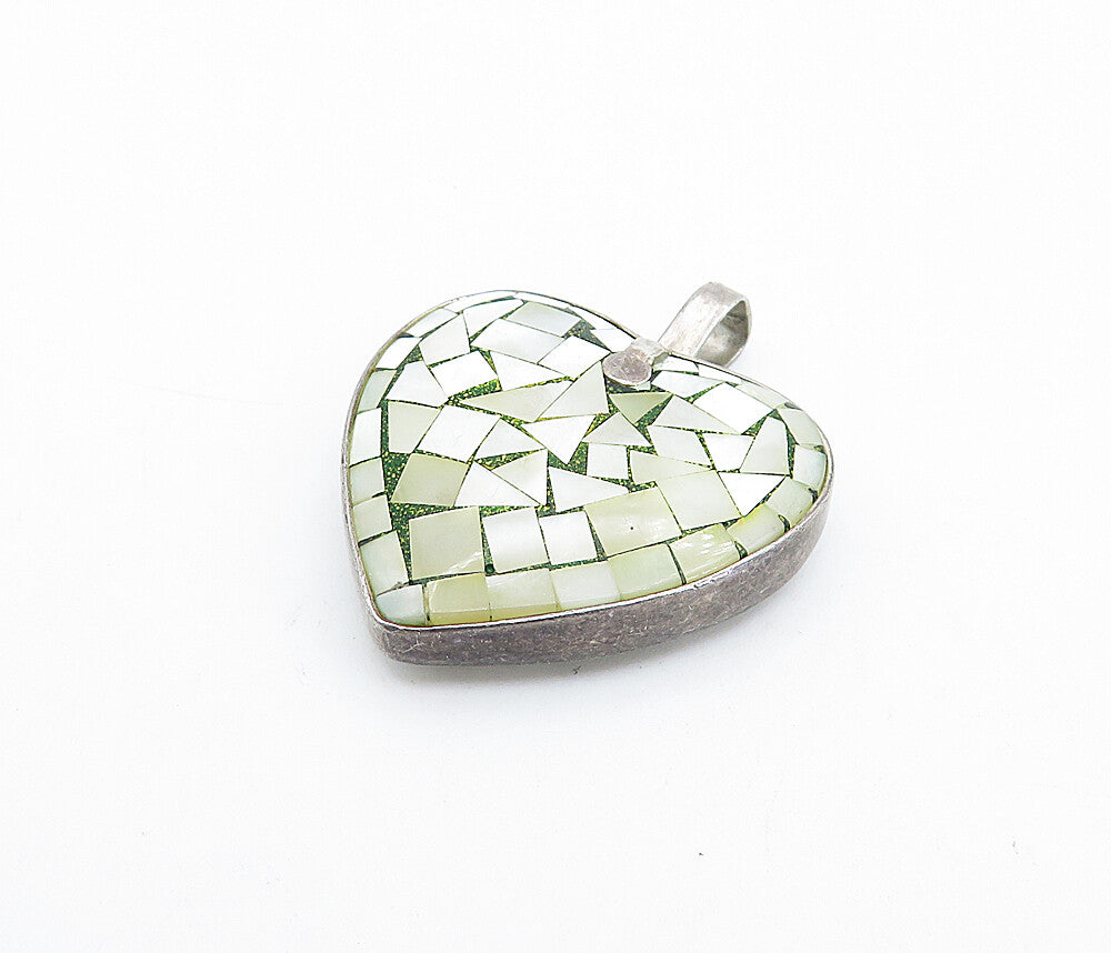 925 Sterling Silver  Vintage Mother Of Pearl Mosaic Love Heart Pendant  PT2559