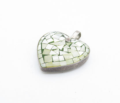 925 Sterling Silver  Vintage Mother Of Pearl Mosaic Love Heart Pendant  PT2559