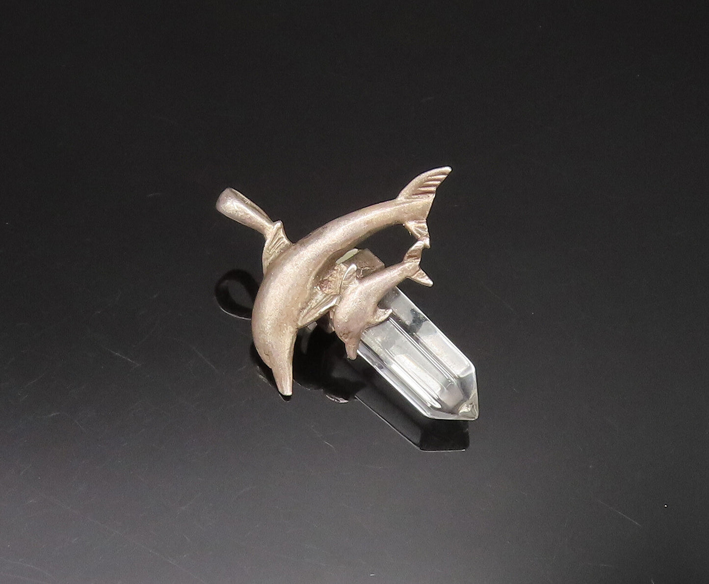 925 Sterling Silver  Vintage Parent & Baby Dolphin Quartz Pendant  PT21003