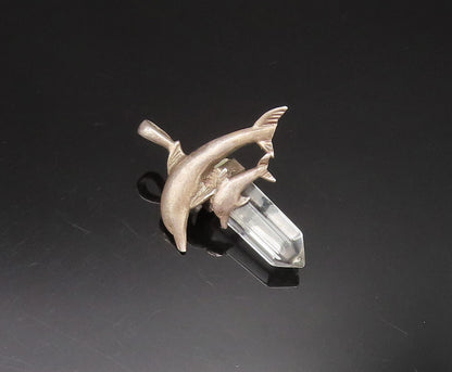 925 Sterling Silver  Vintage Parent & Baby Dolphin Quartz Pendant  PT21003