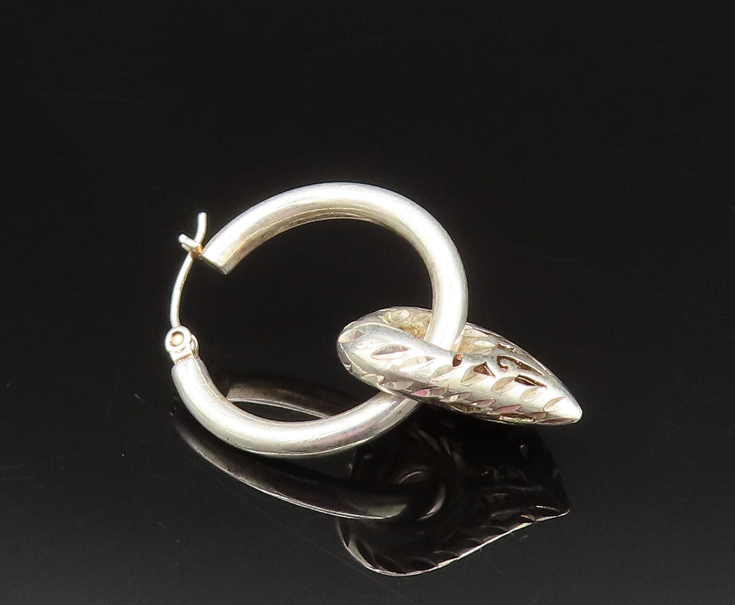 925 Sterling Silver  Vintage Scroll Love Heart Charm Hoop Earrings  EG11910