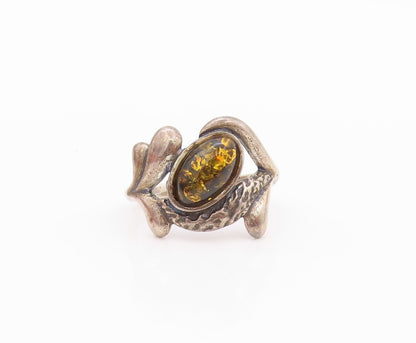 925 Sterling Silver Vintage Ring Cabochon Honey Amber Floral  SZ 6.5  RG32240