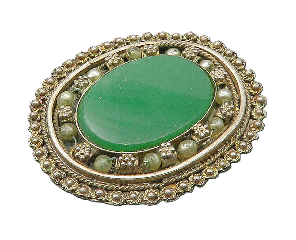 ISRAEL 925 Sterling Silver  Vintage Green Carnelian Floral Brooch Pin  BP6371