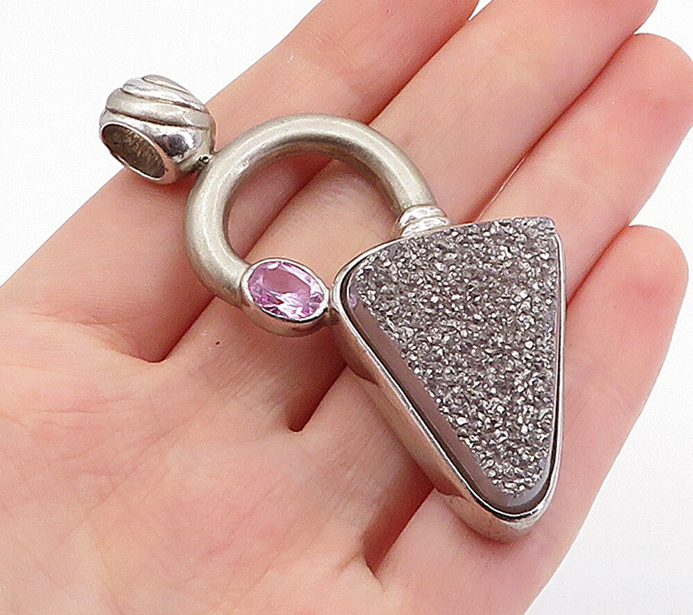 925 Sterling Silver  Vintage Druzy Stone & Pink Topaz Fluted Pendant  PT4573