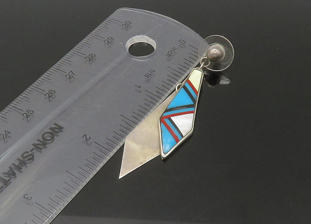 NAVAJO 925 Silver  Vintage Turquoise & Mother Of Pearl Dangle Earrings EG11083