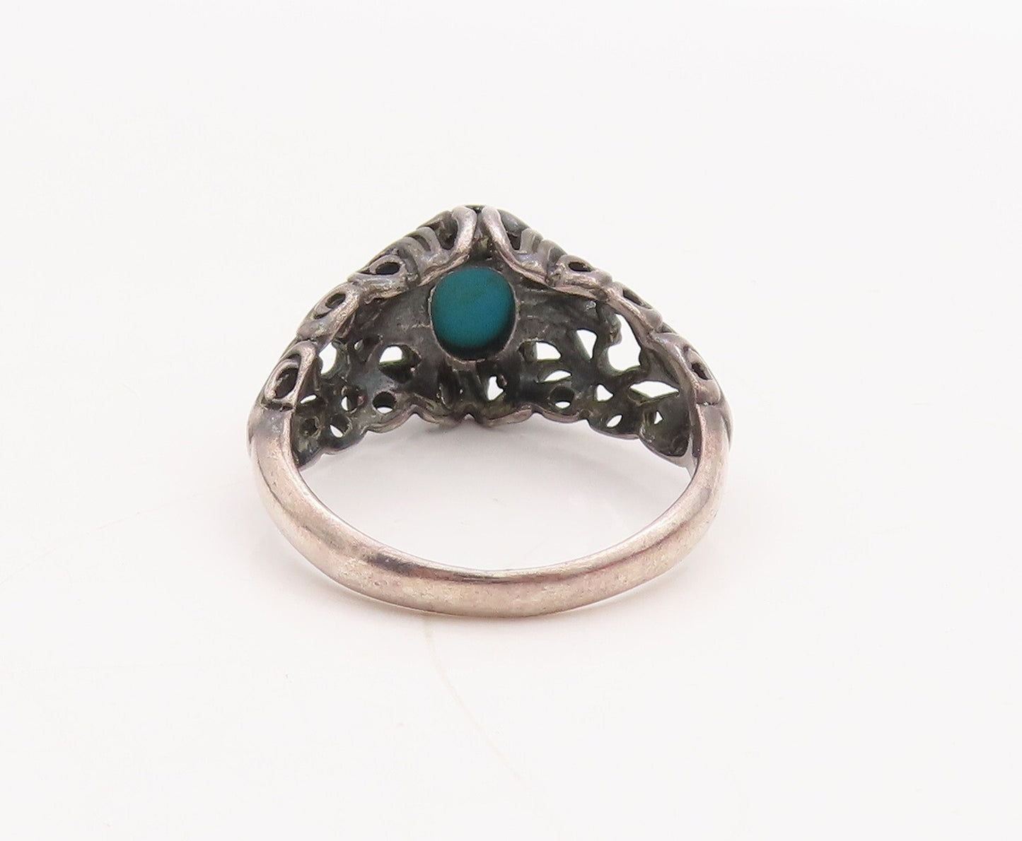 925 Sterling Silver Vintage Ring Swirly Carved Oval Turquoise  Sz 6  RG29064