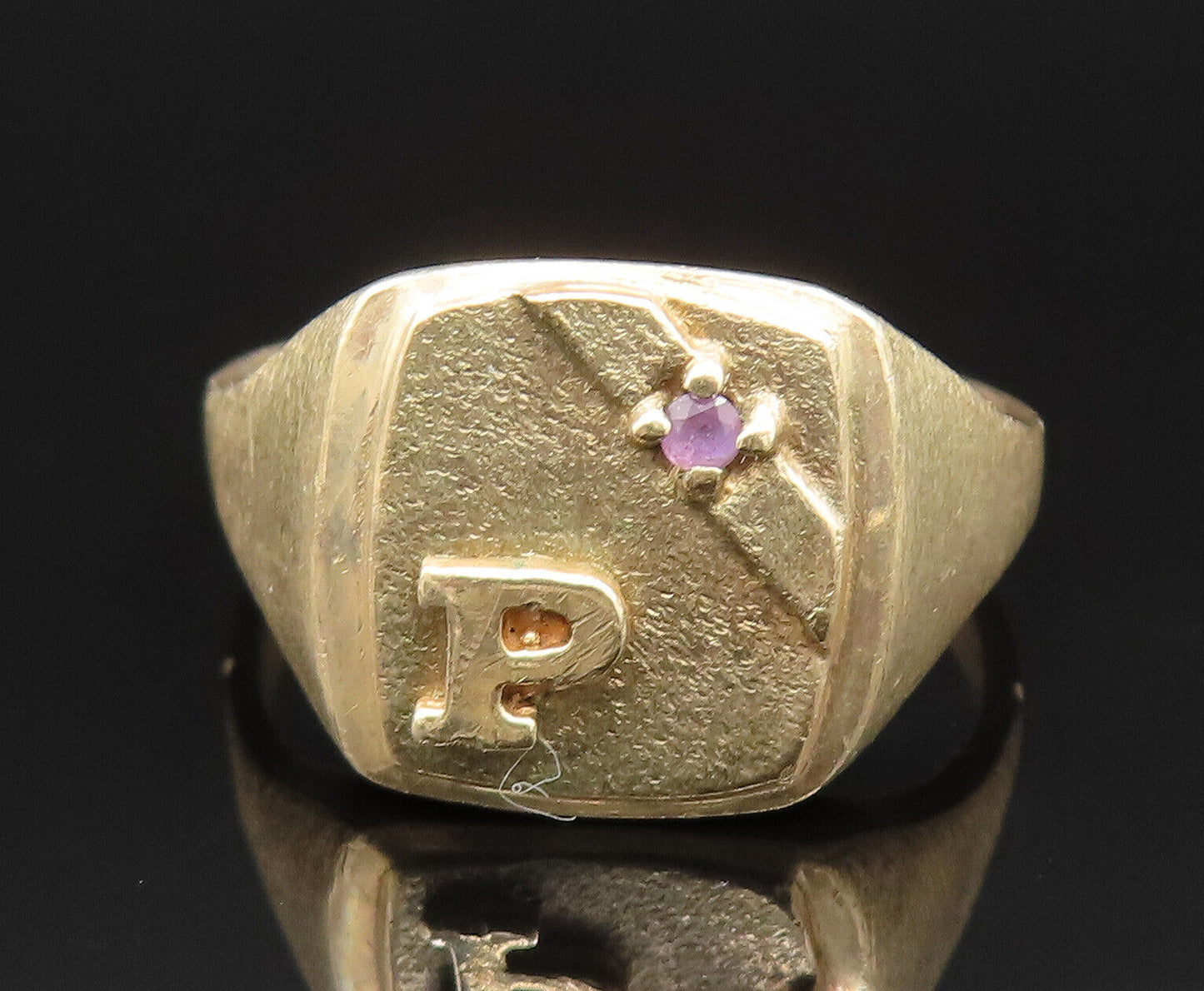 10K GOLD  Vintage Initial P Kunzite Accented Brushed Signet Ring Sz 10.5 GR449