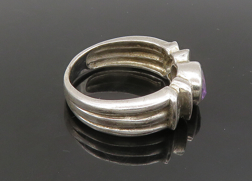 925 Sterling Silver  Vintage Faceted Amethyst Ribbed Band Ring Sz 7  RG21923